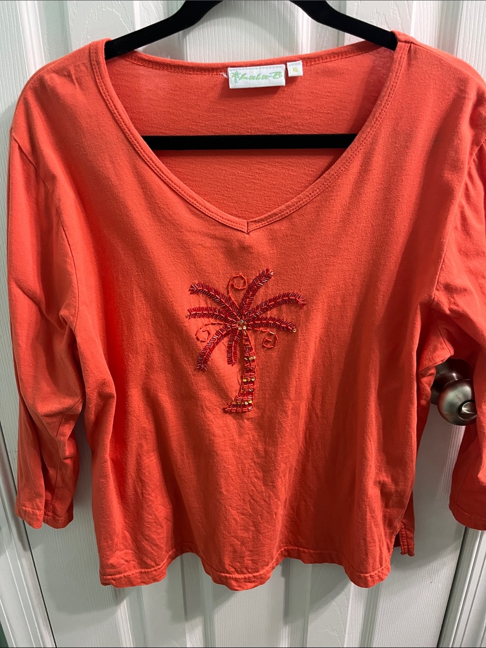 Lulu-B Coral V-Neck Long Sleeve Top with Beaded Palm Tree